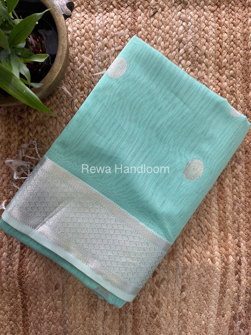 Light Sea Green Silver Coin Butta Pallu Zari Border Saree ~ Maheshwari Saree SCBS03