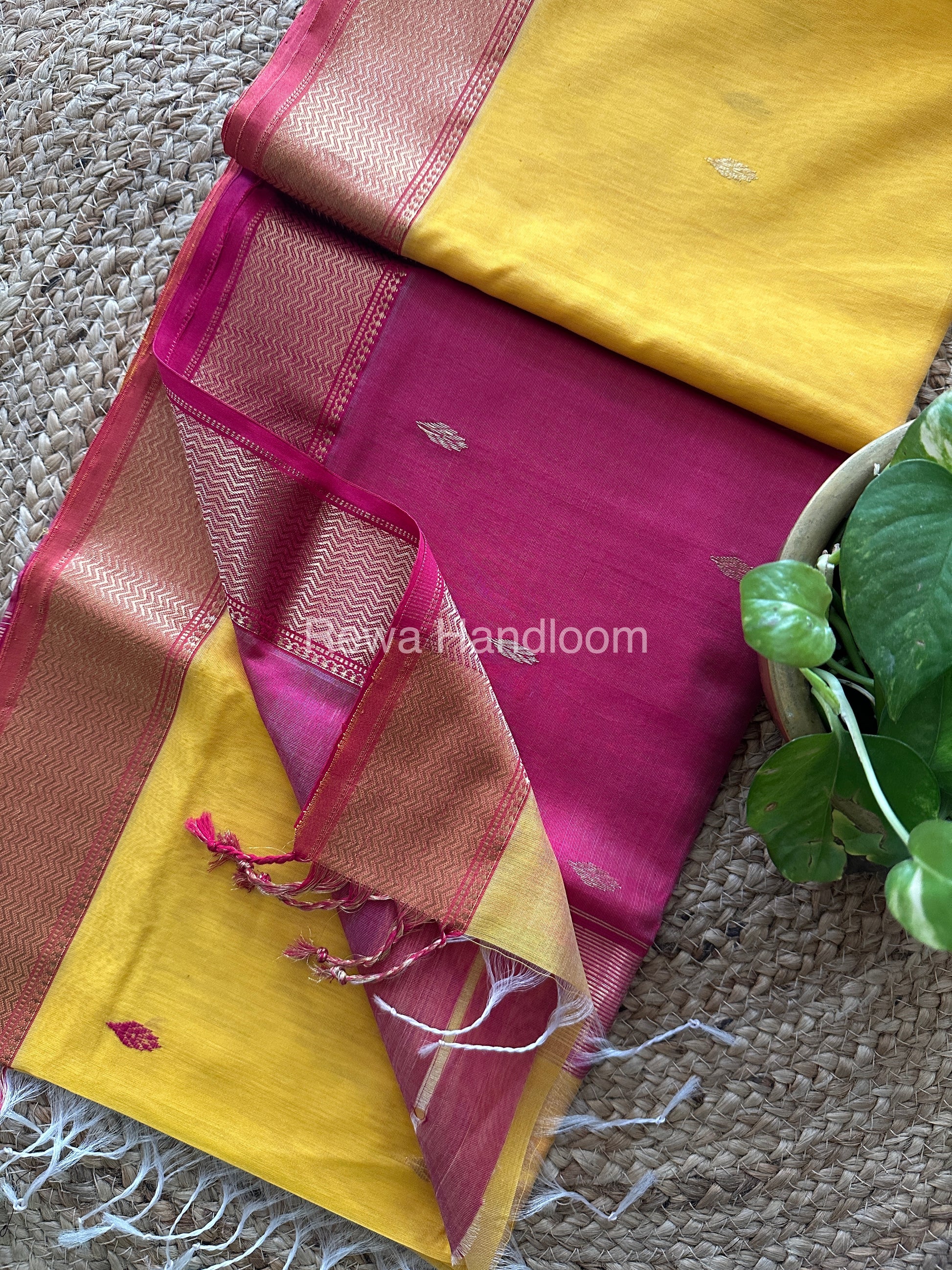 Turmeric Yellow Zari Butti ~ Maheshwari Saree-PTB-013