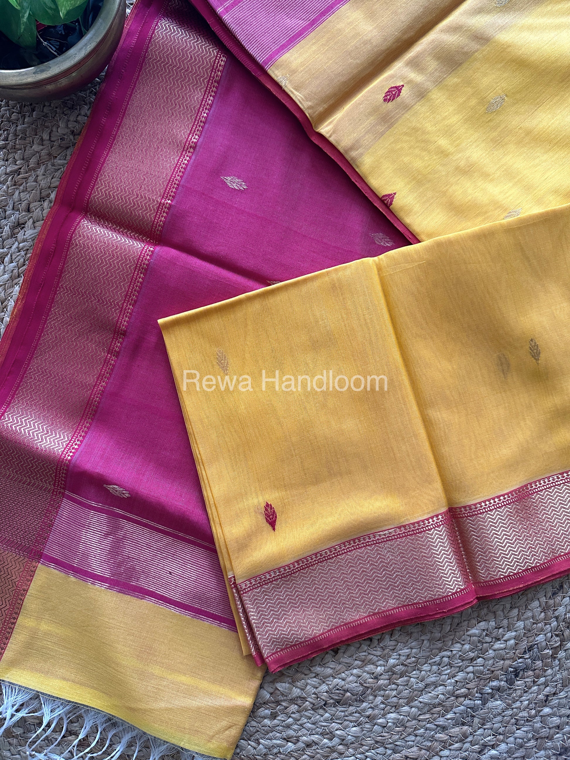 Turmeric Yellow Zari Butti ~ Maheshwari Saree-PTB-013