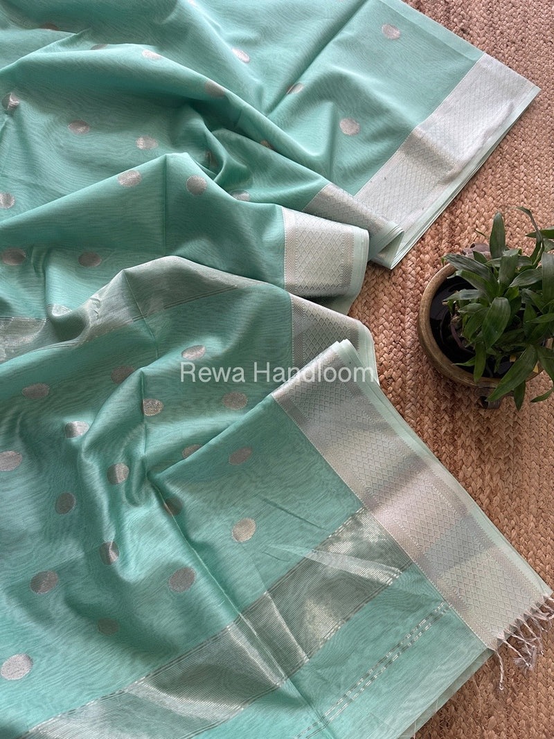 Light Sea Green Silver Coin Butta Pallu Zari Border Saree ~ Maheshwari Saree SCBS03