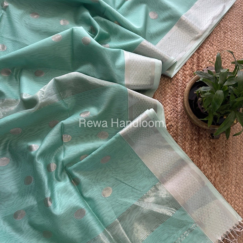 Light Sea Green Silver Coin Butta Pallu Zari Border Saree ~ Maheshwari Saree SCBS03