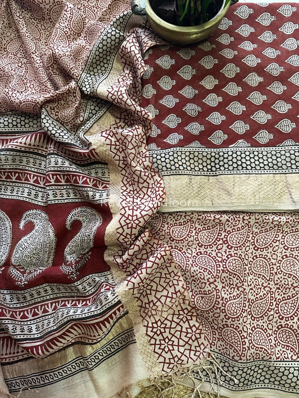 Maheshwari Red-White Bagh Print Tissue Suit BTS015