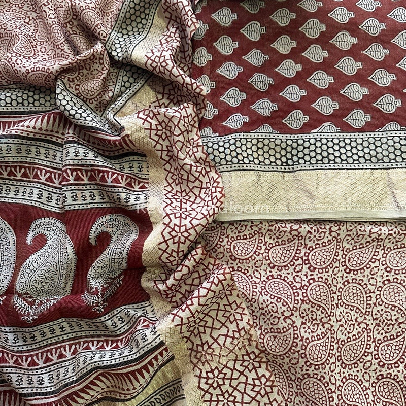 Maheshwari Red-White Bagh Print Tissue Suit BTS015