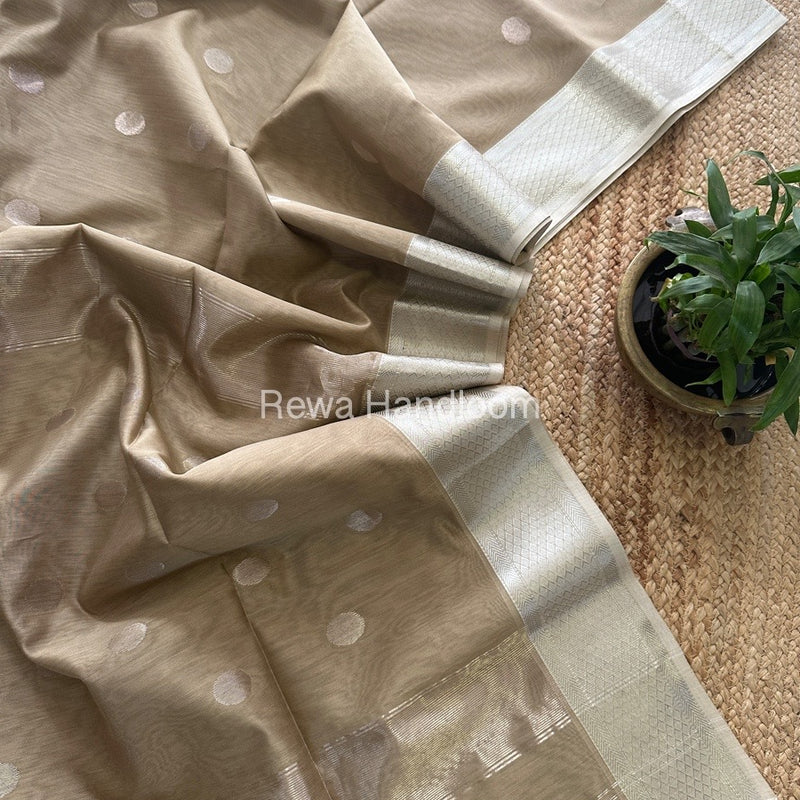 Light Brown Silver Coin Butta Pallu Zari Border Saree ~ Maheshwari Saree SCBS02