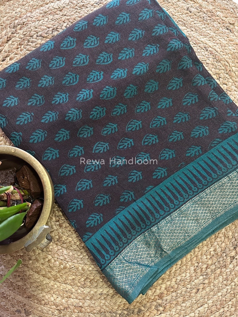Maheshwari Brown-Teal Green Bagh Print Tissue Suit BTS014