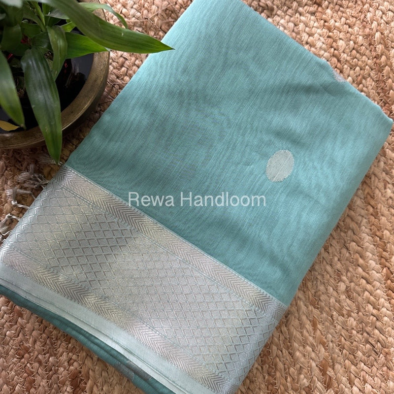 Aqua Green Silver Coin Butta Pallu Zari Border Saree ~ Maheshwari Saree SCBS01