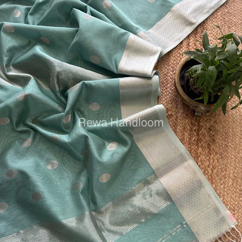Aqua Green Silver Coin Butta Pallu Zari Border Saree ~ Maheshwari Saree SCBS01