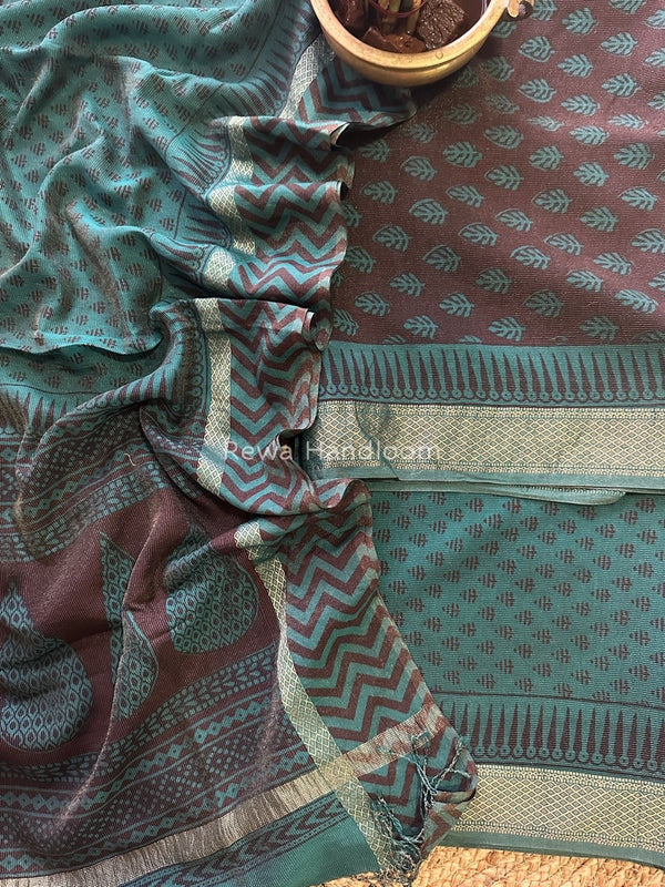 Maheshwari Brown-Teal Green Bagh Print Tissue Suit BTS014