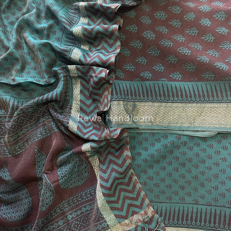 Maheshwari Brown-Teal Green Bagh Print Tissue Suit BTS014