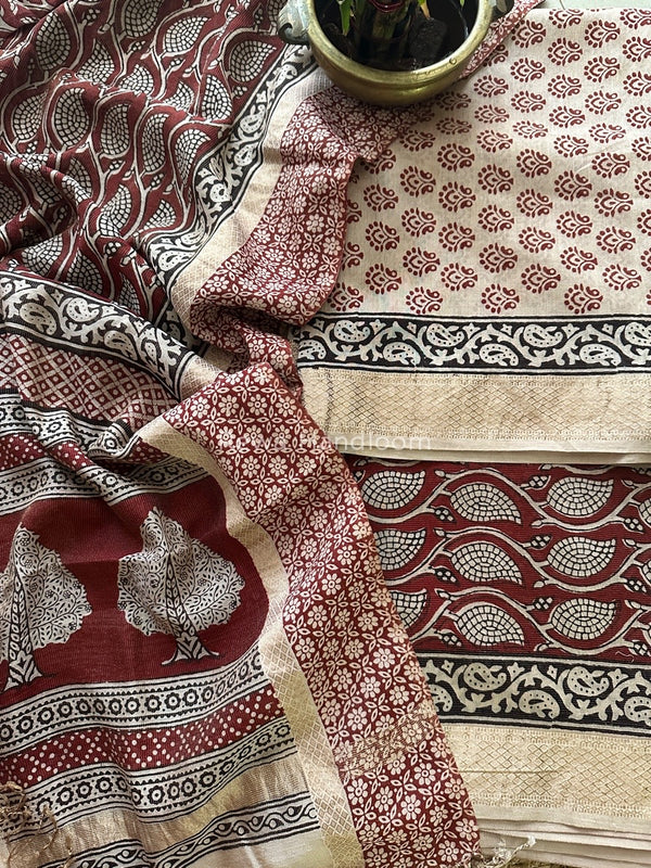 Maheshwari White-Maroon Bagh Print Tissue Suit BTS013