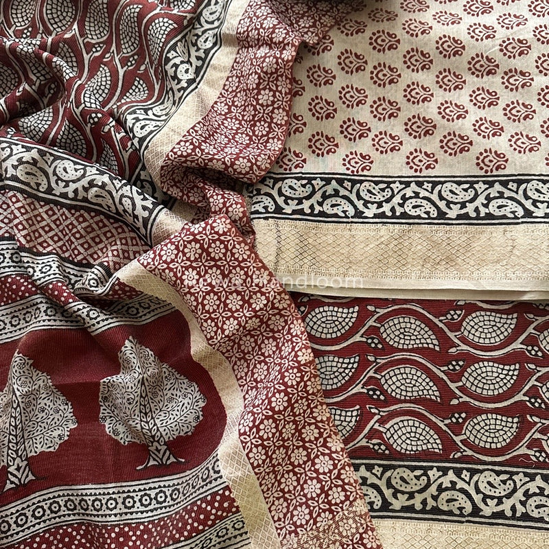 Maheshwari White-Maroon Bagh Print Tissue Suit BTS013