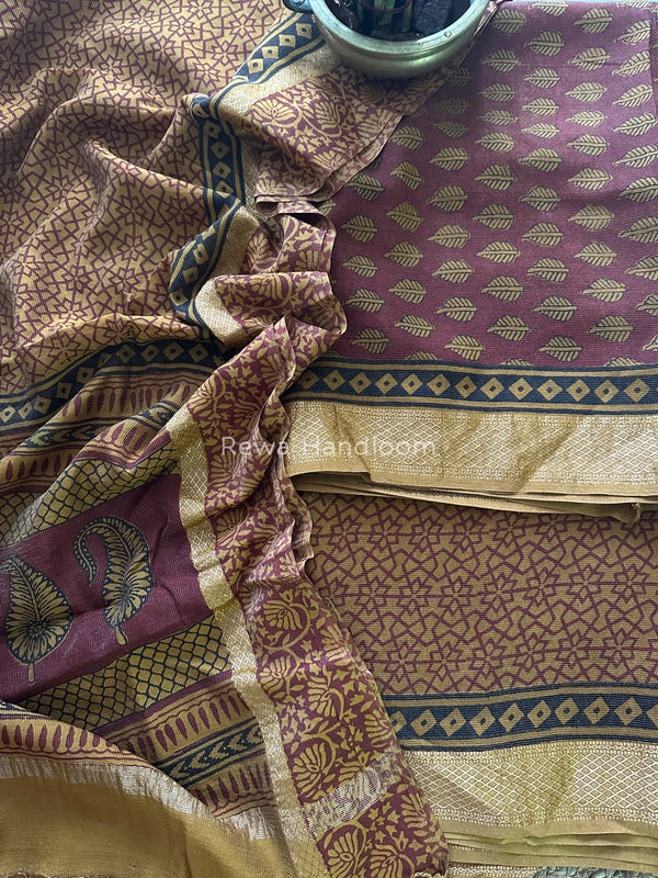 Maheshwari Maroon-Mustard Yellow Bagh Print Tissue Suit BTS012
