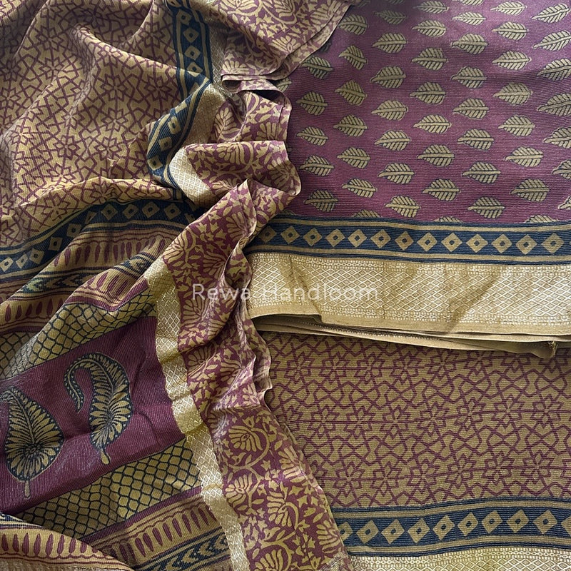 Maheshwari Maroon-Mustard Yellow Bagh Print Tissue Suit BTS012