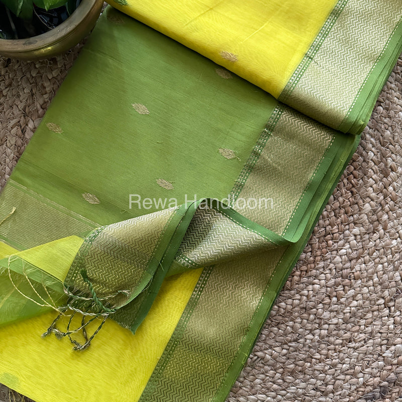 Turmeric Yellow Zari Butti ~ Maheshwari Saree-PTB-05