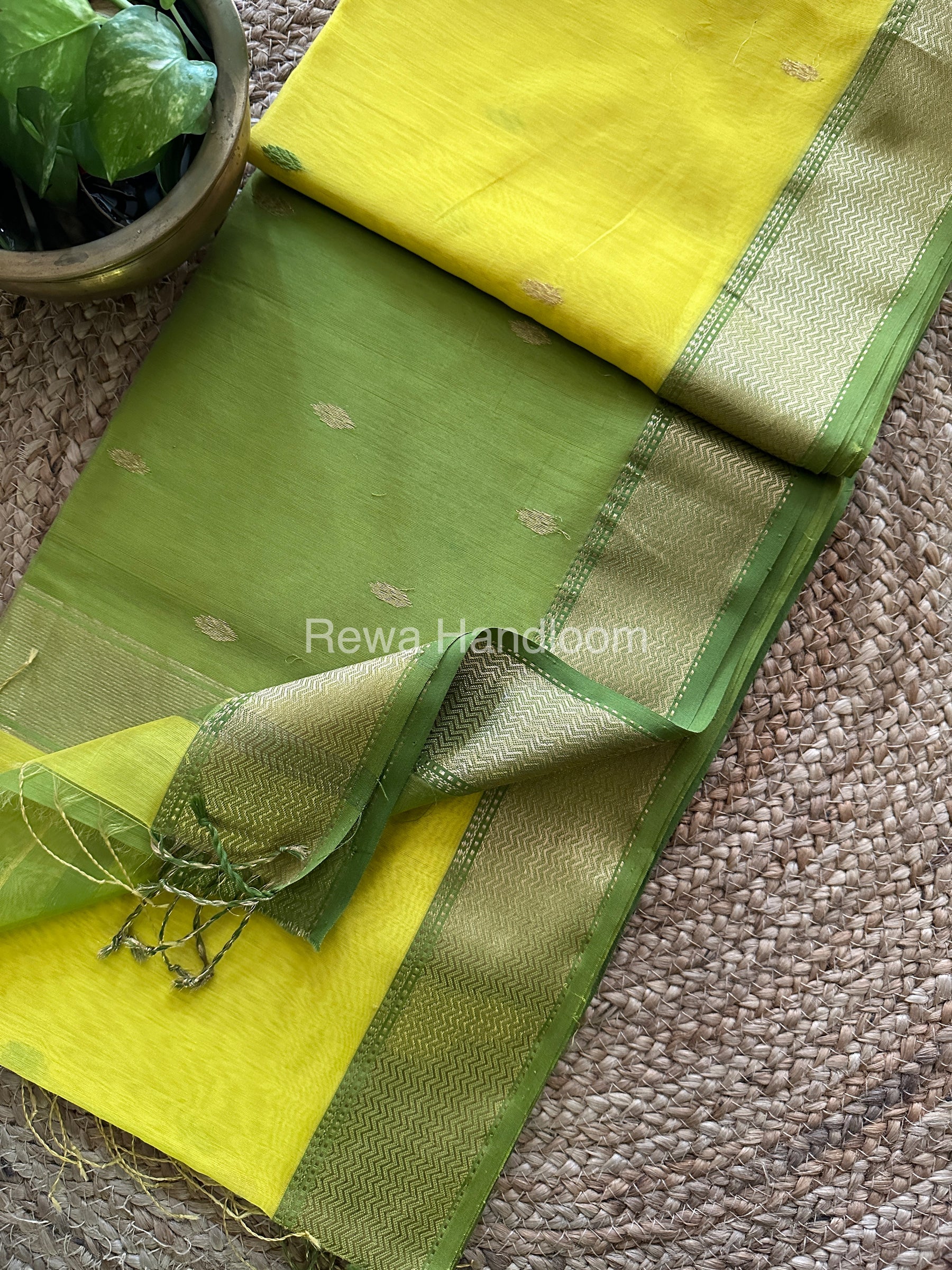 Turmeric Yellow Zari Butti ~ Maheshwari Saree-PTB-05