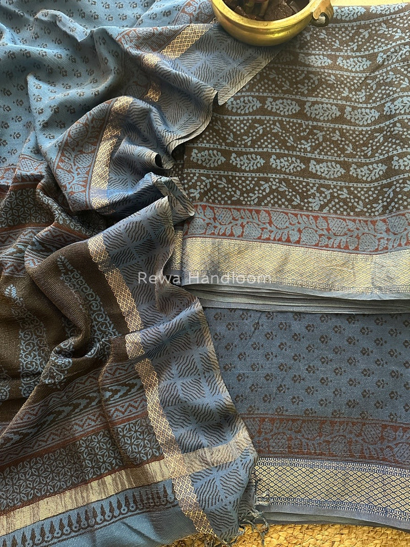 Maheshwari Black-Blue Bagh Print Tissue Suit BTS04