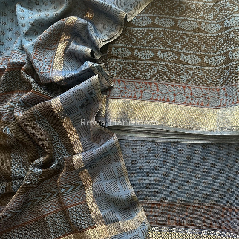 Maheshwari Black-Blue Bagh Print Tissue Suit BTS04