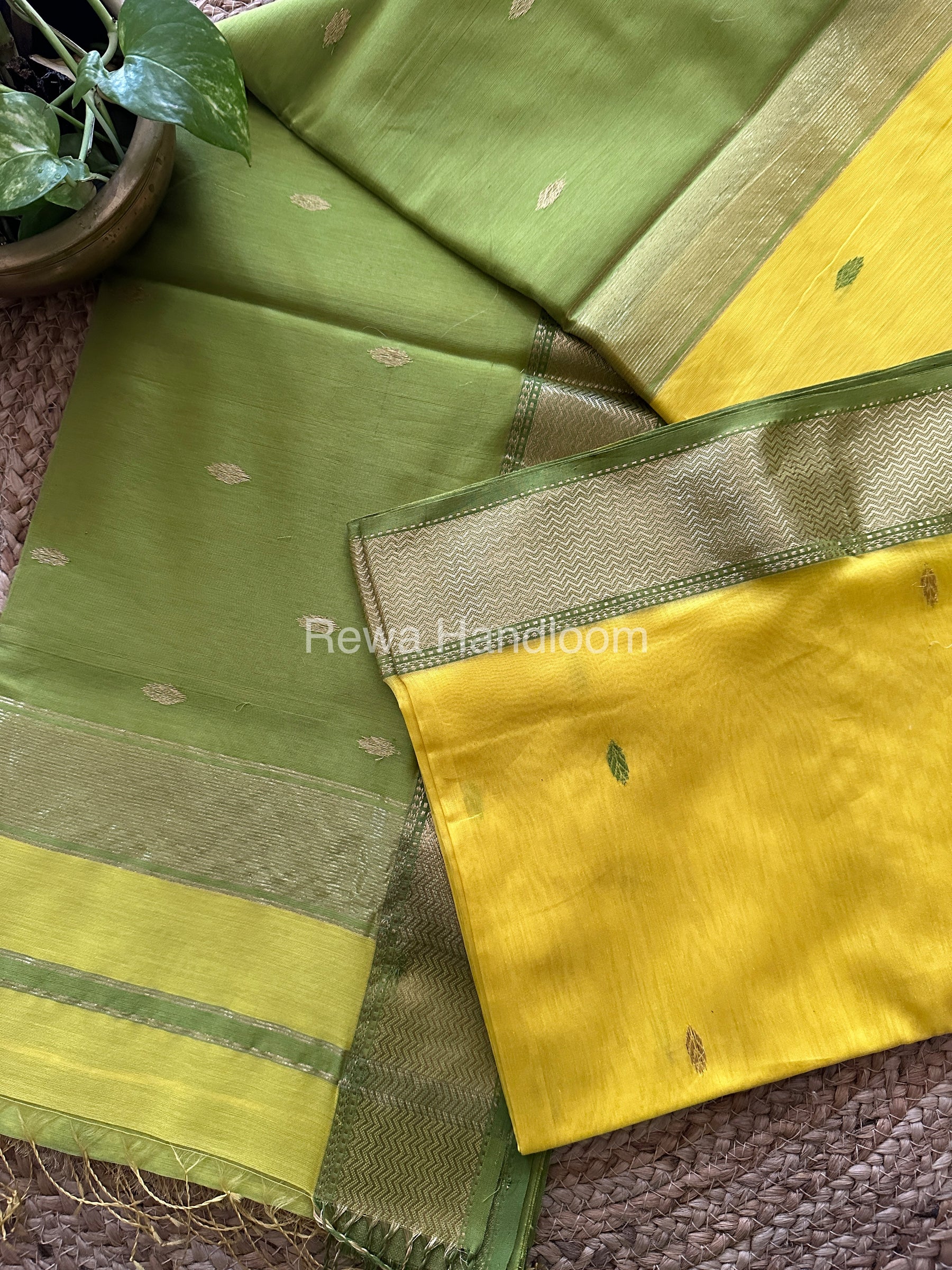 Turmeric Yellow Zari Butti ~ Maheshwari Saree-PTB-05