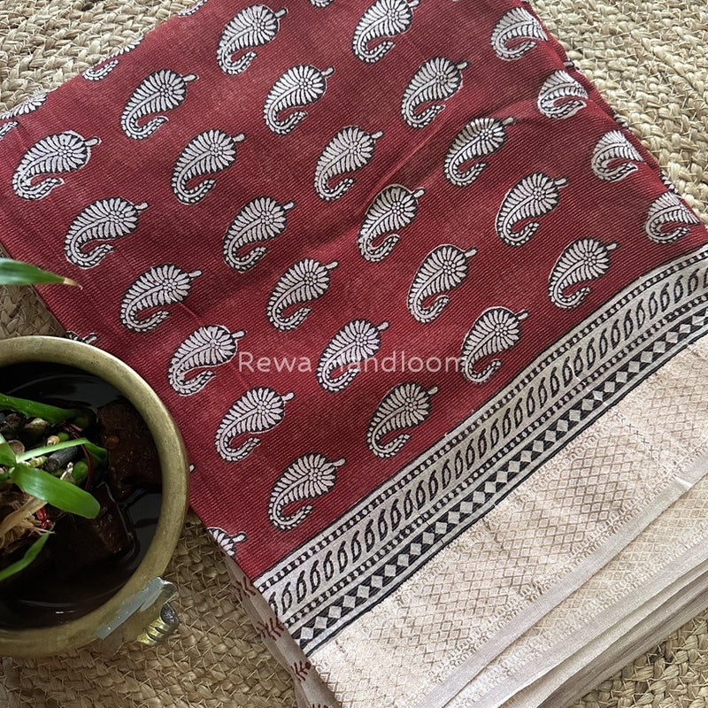 Maheshwari Maroon-White Bagh Print Tissue Suit BTS02