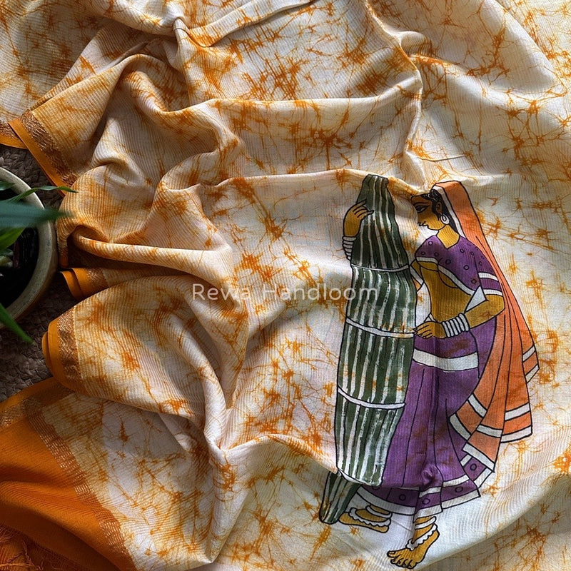 Maheshwari Mustard Yellow Hand painted Dupatta BT017
