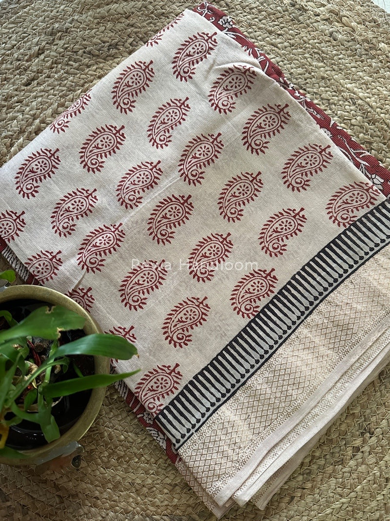 Maheshwari Off White-Red Bagh Print Tissue Suit BTS01