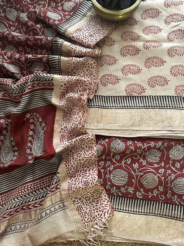 Maheshwari Off White-Red Bagh Print Tissue Suit BTS01