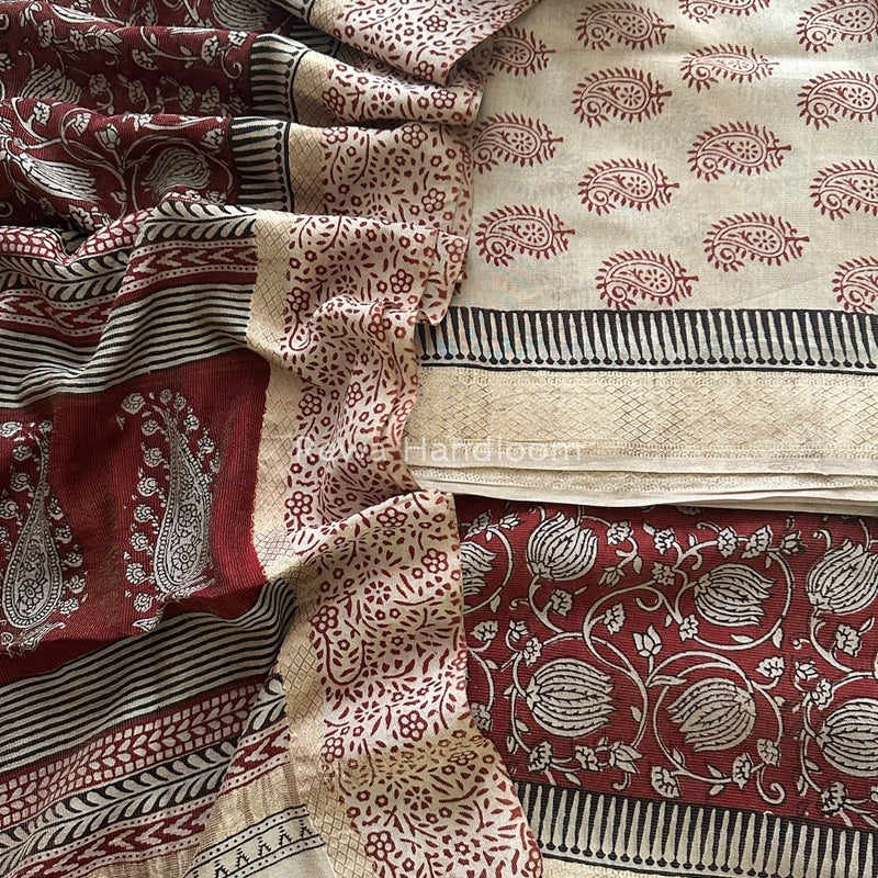 Maheshwari Off White-Red Bagh Print Tissue Suit BTS01