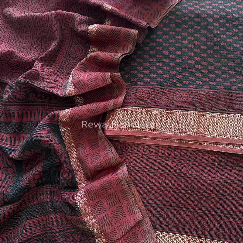 Maheshwari Black-Red Bagh Print Tissue Suit BTS05