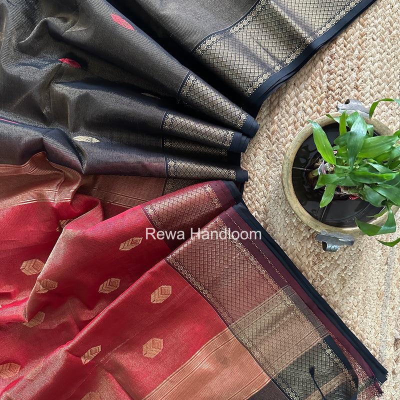 Maheshwari Black Tissue Silk Saree TFB042