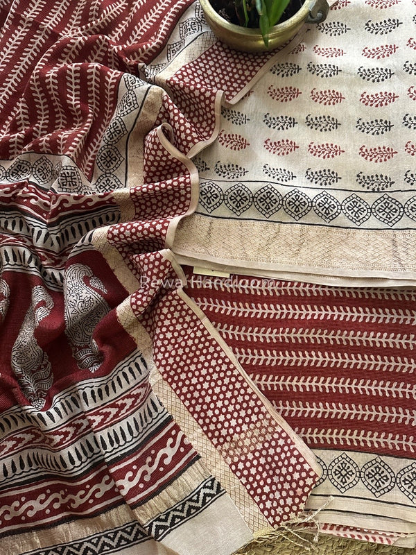 Maheshwari White-Maroon Bagh Print Tissue Suit BTS07