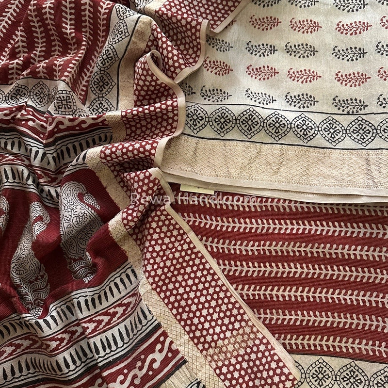 Maheshwari White-Maroon Bagh Print Tissue Suit BTS07
