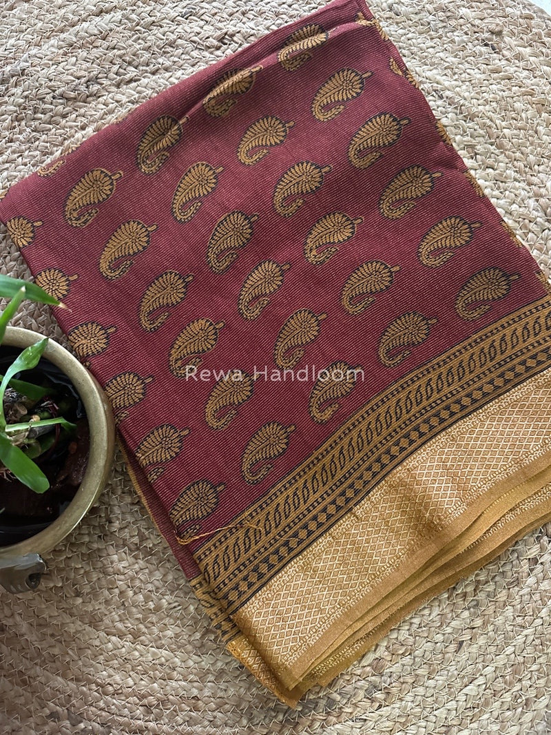 Maheshwari Maroon-Mustard Yellow Bagh Print Tissue Suit BTS09