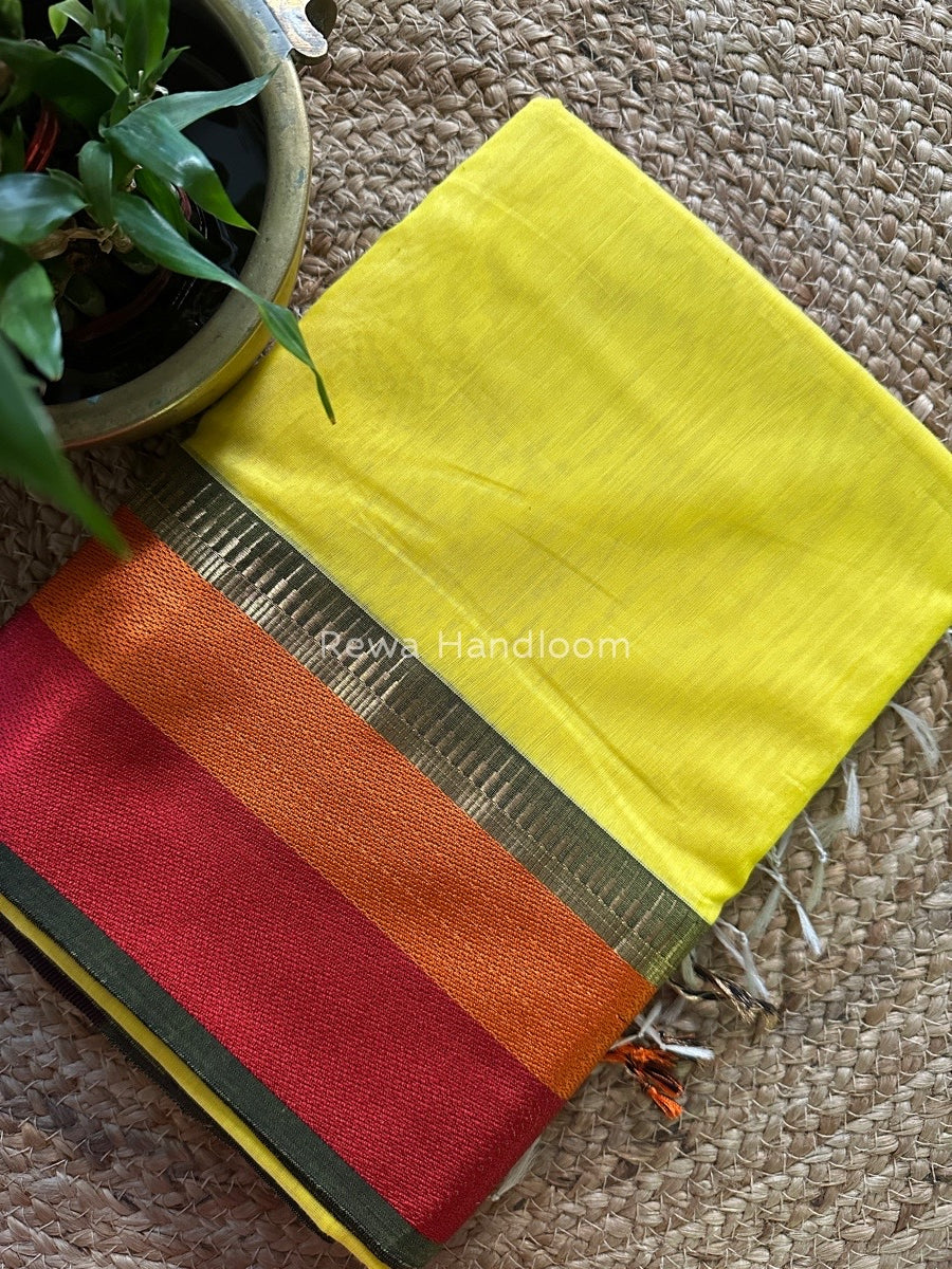 Maheshwari Lemon Yellow Multicolor Border Saree MB00507