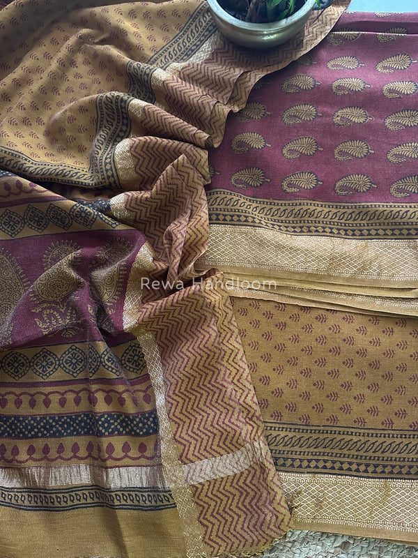 Maheshwari Maroon-Mustard Yellow Bagh Print Tissue Suit BTS09