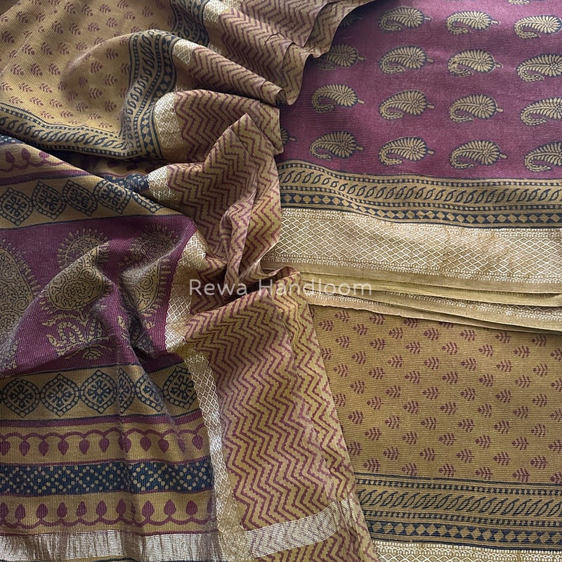 Maheshwari Maroon-Mustard Yellow Bagh Print Tissue Suit BTS09