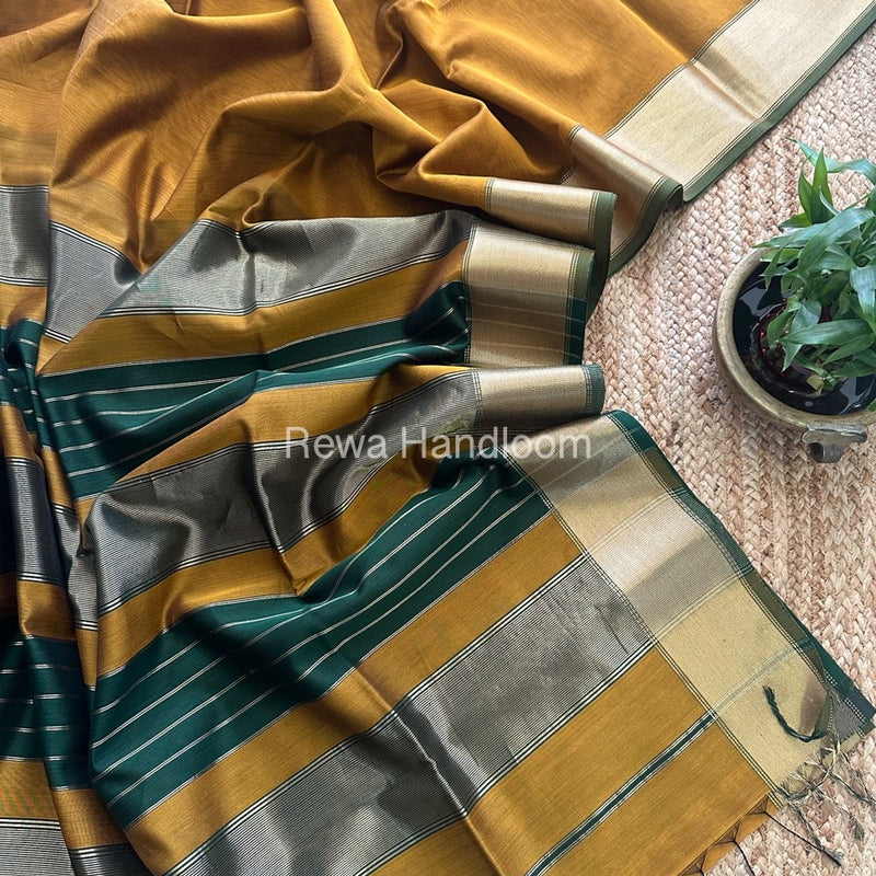 Exclusive Maheshwari Mustard Zari Border Saree EZ020