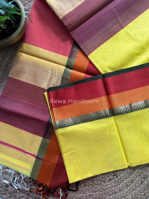 Maheshwari Lemon Yellow Multicolor Border Saree MB00507