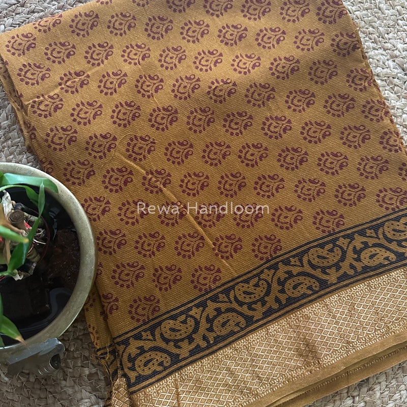 Maheshwari Mustard Yellow-Maroon Bagh Print Tissue Suit BTS010