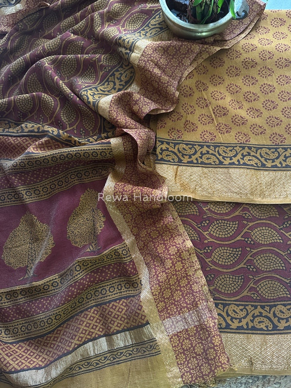 Maheshwari Mustard Yellow-Maroon Bagh Print Tissue Suit BTS010