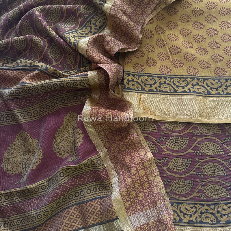 Maheshwari Mustard Yellow-Maroon Bagh Print Tissue Suit BTS010