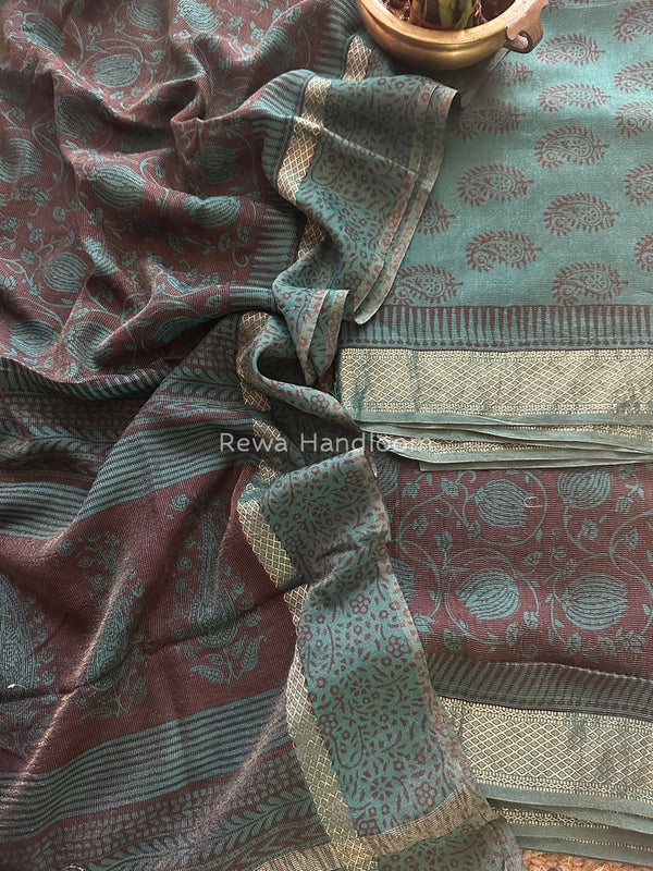 Maheshwari Green-Maroon Bagh Print Tissue Suit BTS011