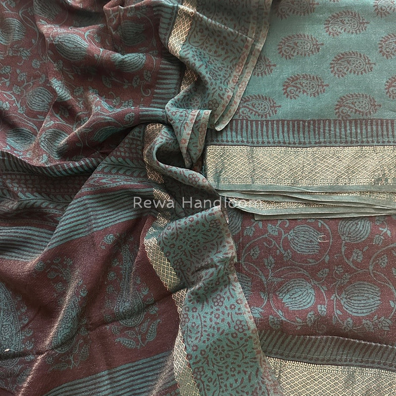 Maheshwari Green-Maroon Bagh Print Tissue Suit BTS011