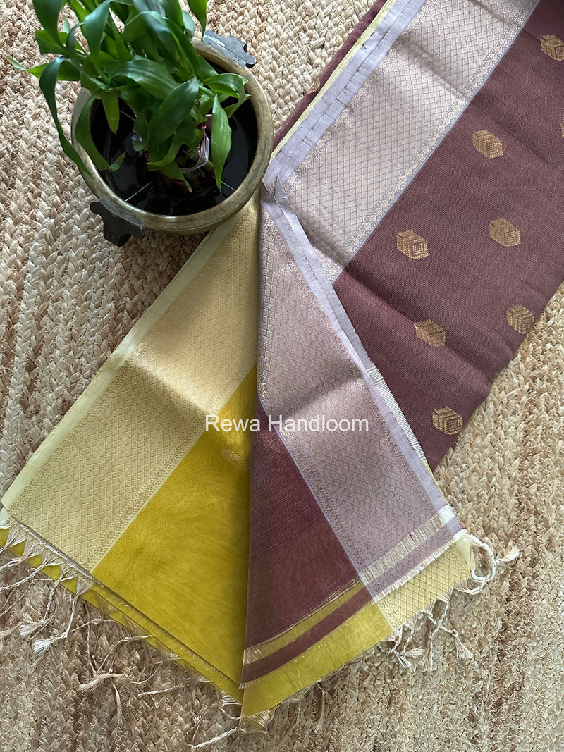 Maheshwari Yellow Tissue Silk Saree TFB038