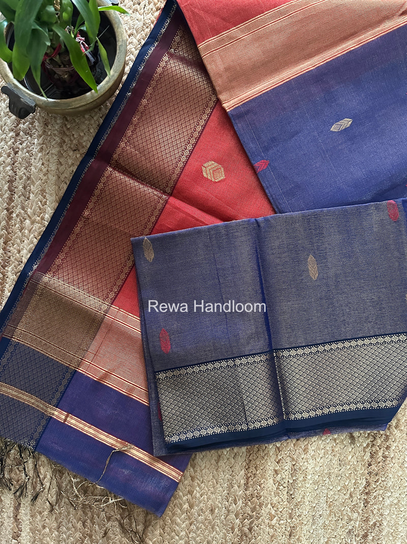 Maheshwari Blue Tissue Silk Saree TFB036