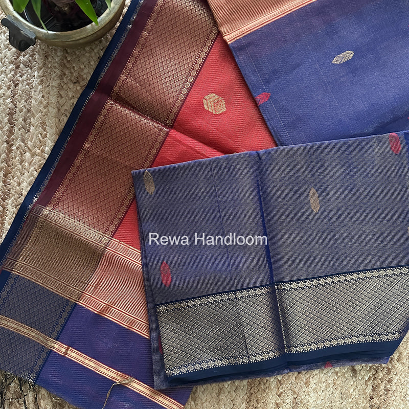 Maheshwari Blue Tissue Silk Saree TFB036
