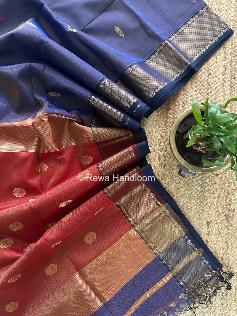 Maheshwari Blue Tissue Silk Saree TFB036