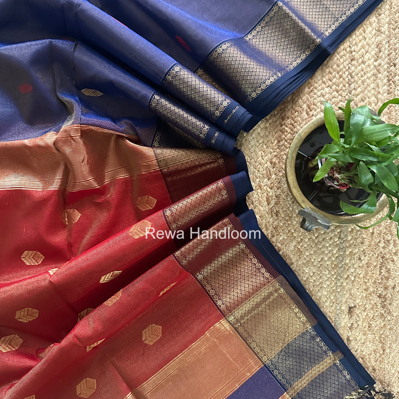 Maheshwari Blue Tissue Silk Saree TFB036