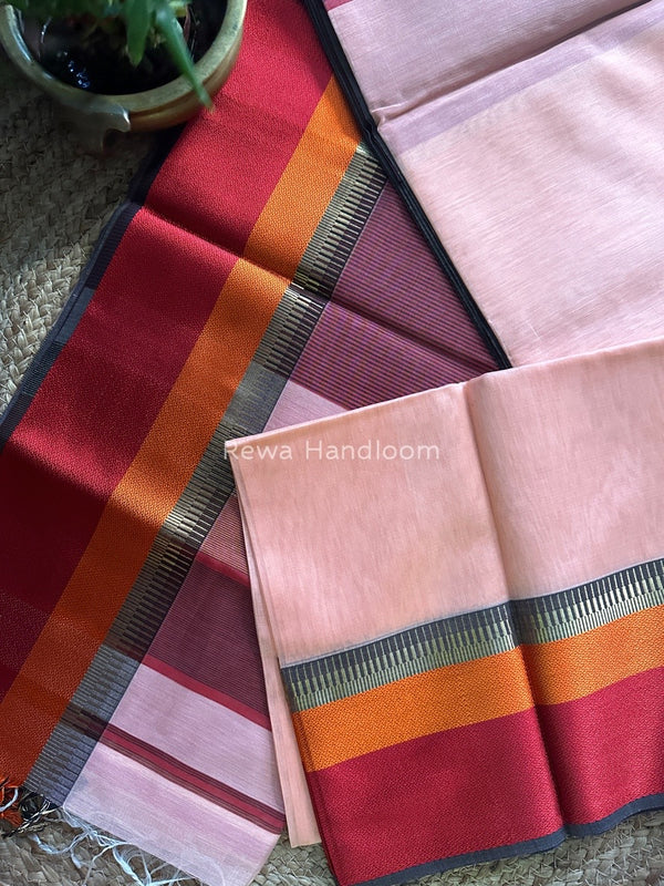 Maheshwari Light Peach Multicolor Border Saree MB00511