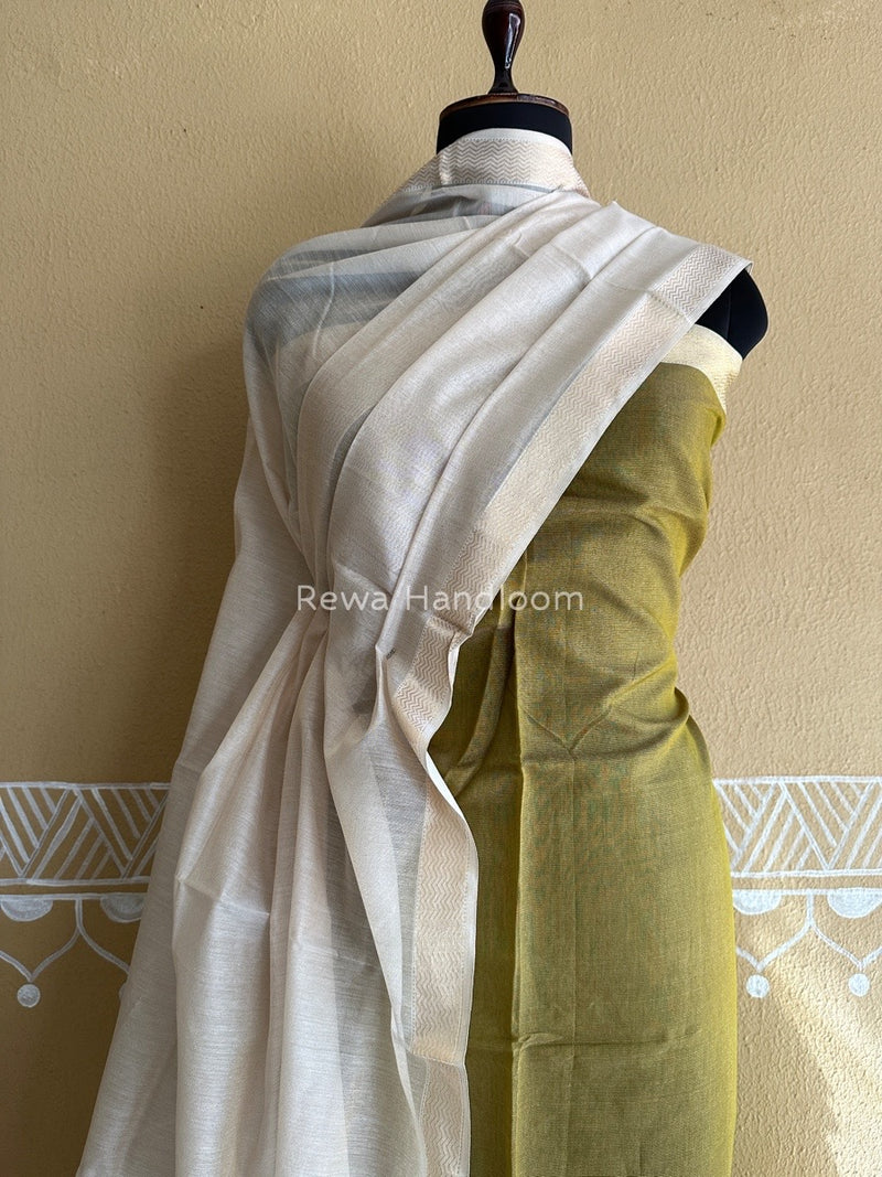Maheshwari Mehendi Green-Off White Tissue Buta Dress Material TPT051