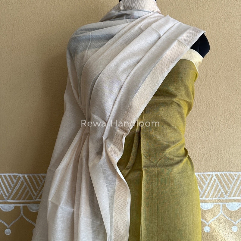 Maheshwari Mehendi Green-Off White Tissue Buta Dress Material TPT051